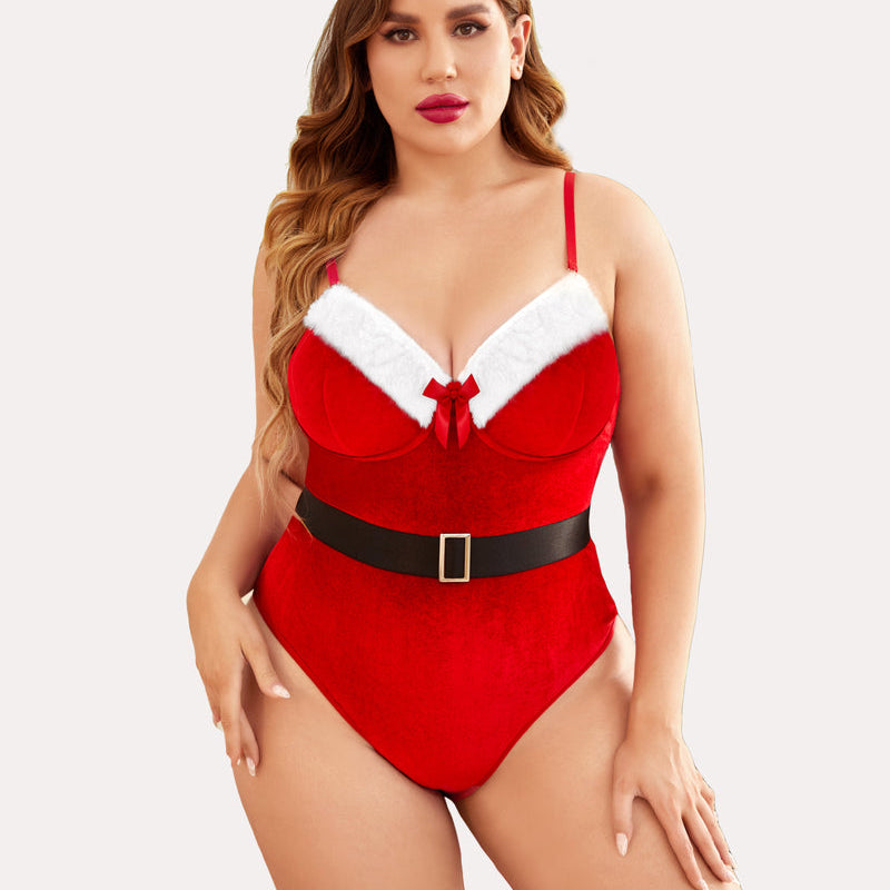 Plus size teddy bodysuit with belt, red plush with white trim and black waist belt