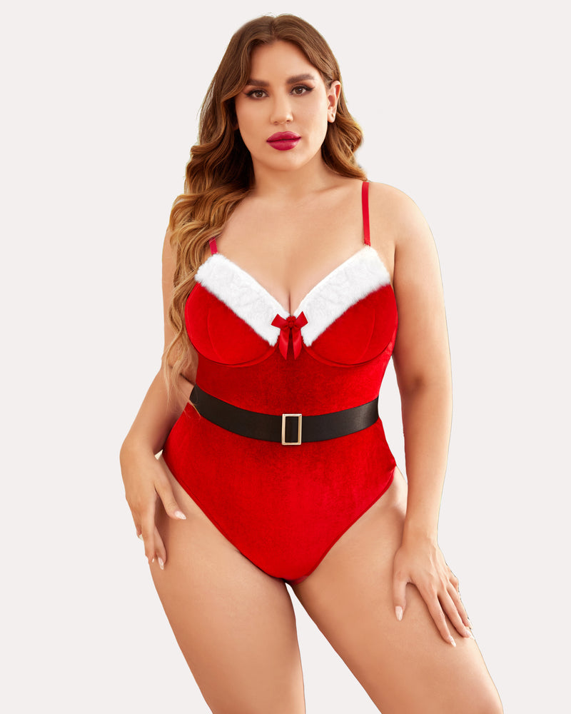 Plus size Christmas teddy lingerie, red velvet bodysuit with white fur trim and black belt.