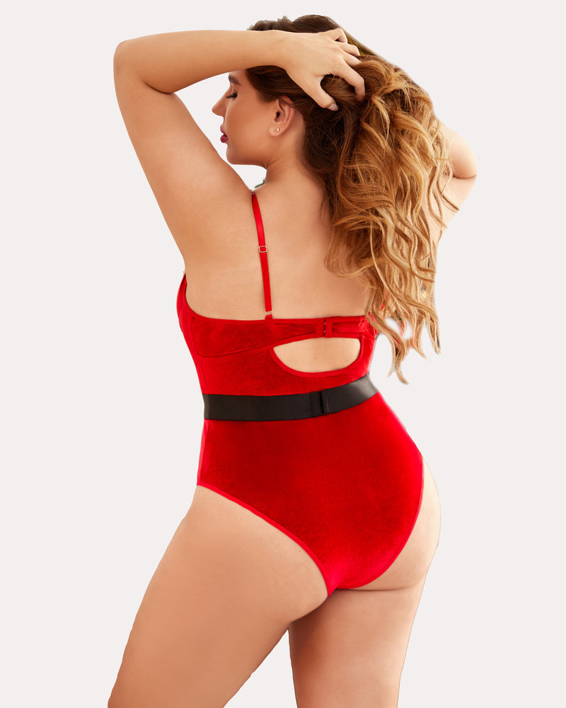 Christmas red velvet teddy bodysuit with black belt. Plus size lingerie for a sexy Christmas.
