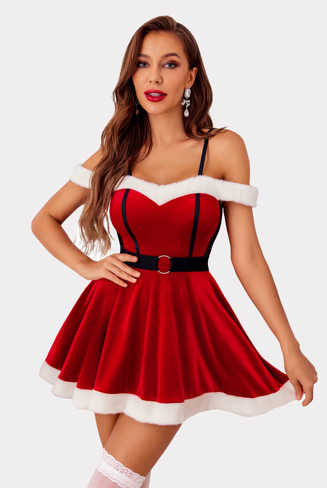 Red velvet off-shoulder Claus dress with white fur trim, ideal for Christmas or special nights.