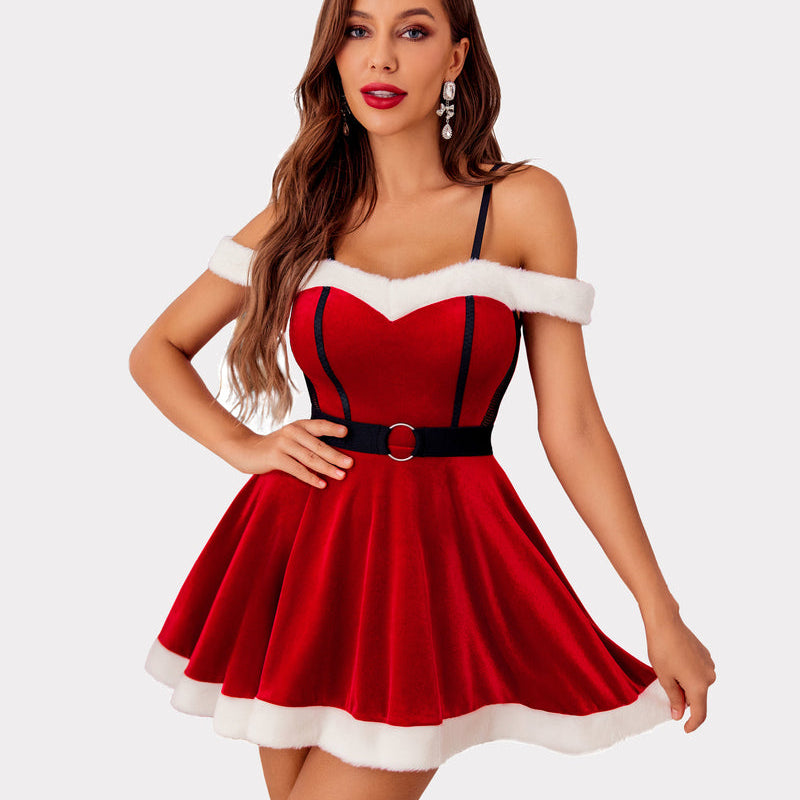 Red velvet off-shoulder Claus dress with white fur trim, ideal for Christmas or special nights.