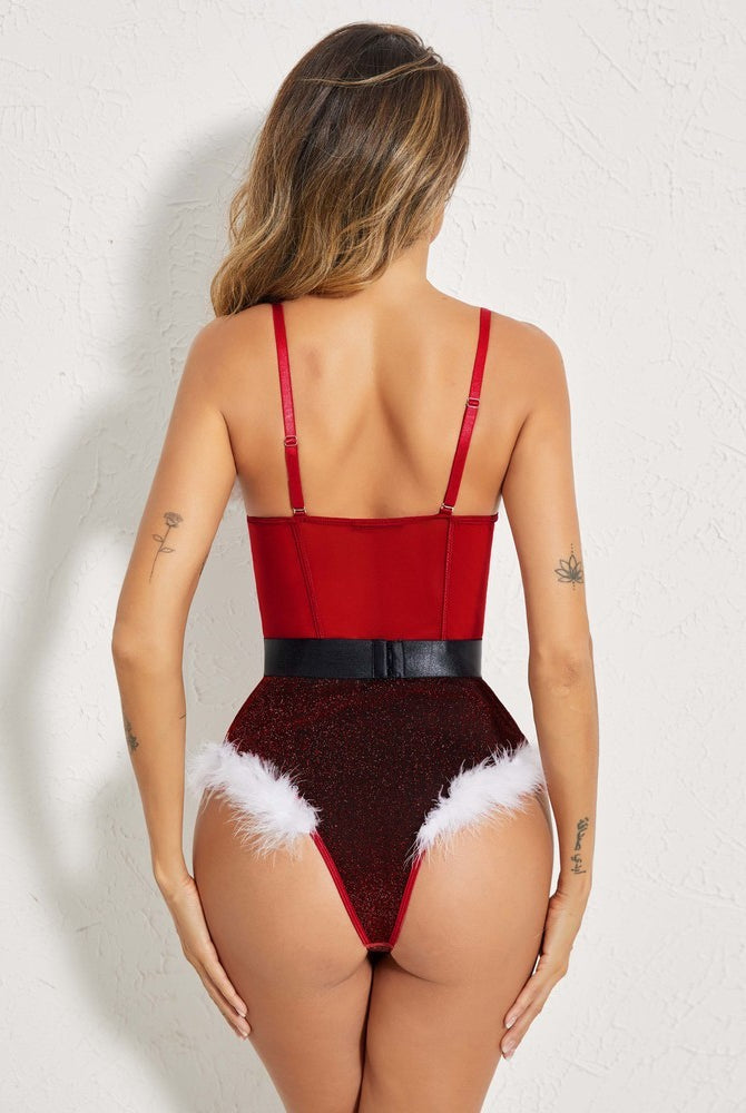 Back view of dark red underwire snap-crotch bodysuit with faux fur trim and belt