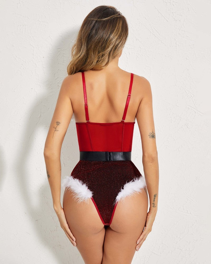 Red Santa bodysuit with feather trim, underwire bra and belt by Avidlove, sexy Christmas lingerie.