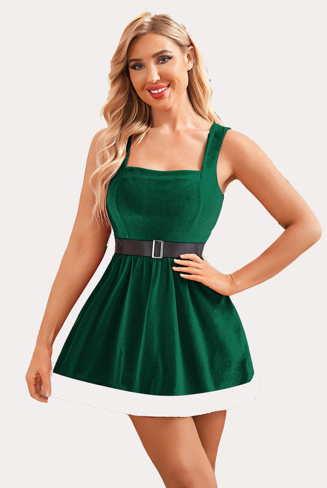 Green velvet A-line Christmas dress with belt and white fur trim. Avidlove festive lingerie.
