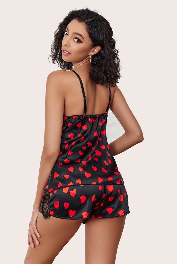 Avidlove satin pajama shorts set with red heart print and lace trim, silk sleepwear for women