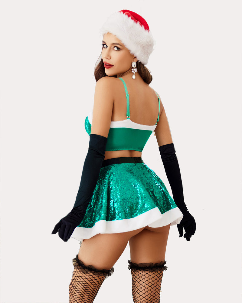 Christmas Santa lingerie set, green sequin bodice and skirt, white trim, black gloves, and Santa hat