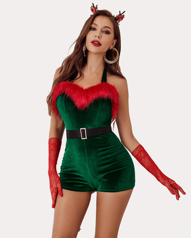 Green velvet Santa romper with red faux fur trim and red gloves; sexy Christmas outfit.