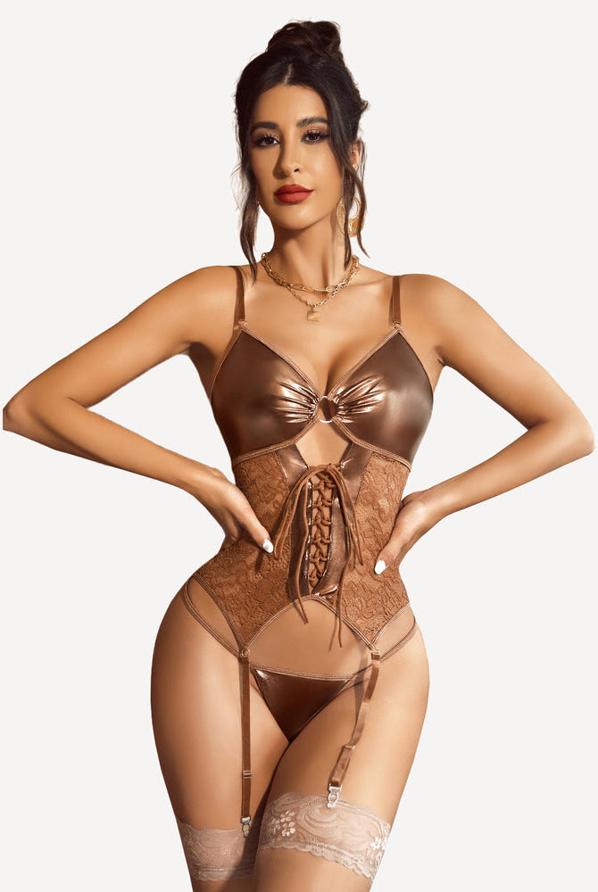 Brown faux leather teddy corset lingerie set with lace, adjustable straps, garter belt; sexy design