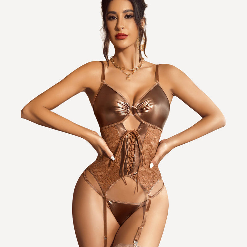 Brown faux leather teddy corset lingerie set with lace, adjustable straps, garter belt; sexy design
