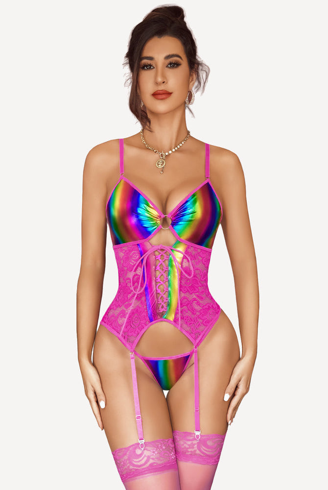 Pink faux leather corset with rainbow metallic bust, garter belt, stockings. Avidlove lingerie.