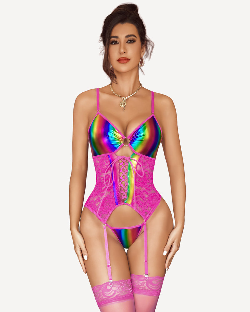 Pink faux leather corset with rainbow metallic bust, garter belt, stockings. Avidlove lingerie.