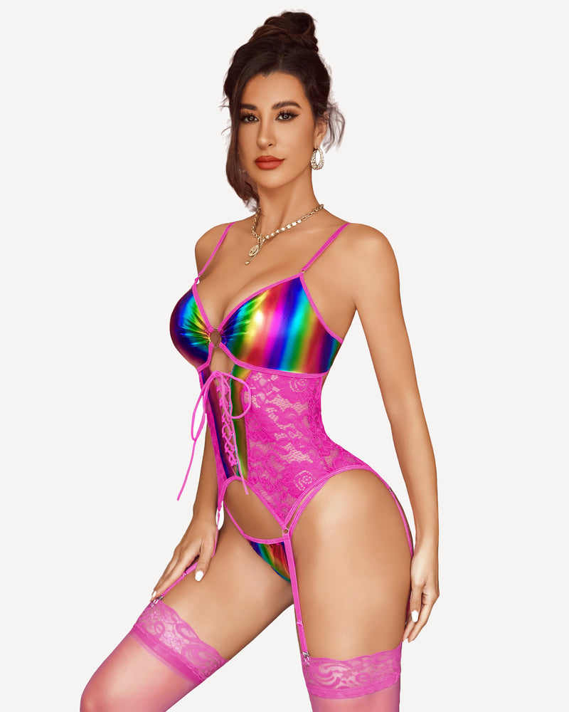 Rainbow faux leather corset lingerie set with lace and adjustable straps; sexy design