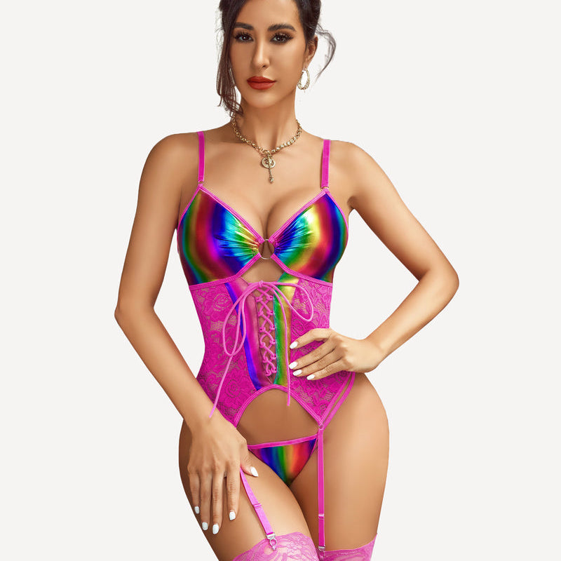 Pink and rainbow leather lace corset lingerie set with garter, stockings. Sexy Avidlove lingerie