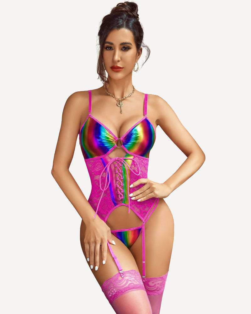 Avidlove pink corset with rainbow metallic bust, lace, garter belt, and stockings. Sexy lingerie.