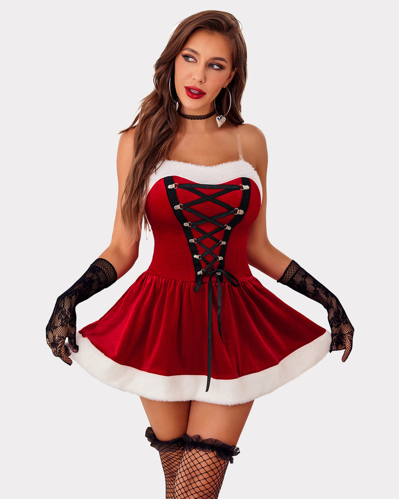 Velvet Santa babydoll dress with lace-up front and fur trim, a perfect Christmas chemise for women