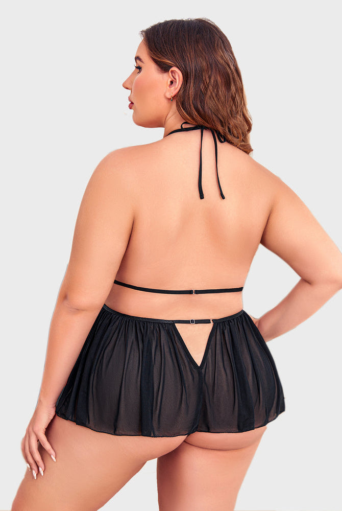 Black plus size lingerie, halter neck bra and skirt-style bottom, sexy and flattering.