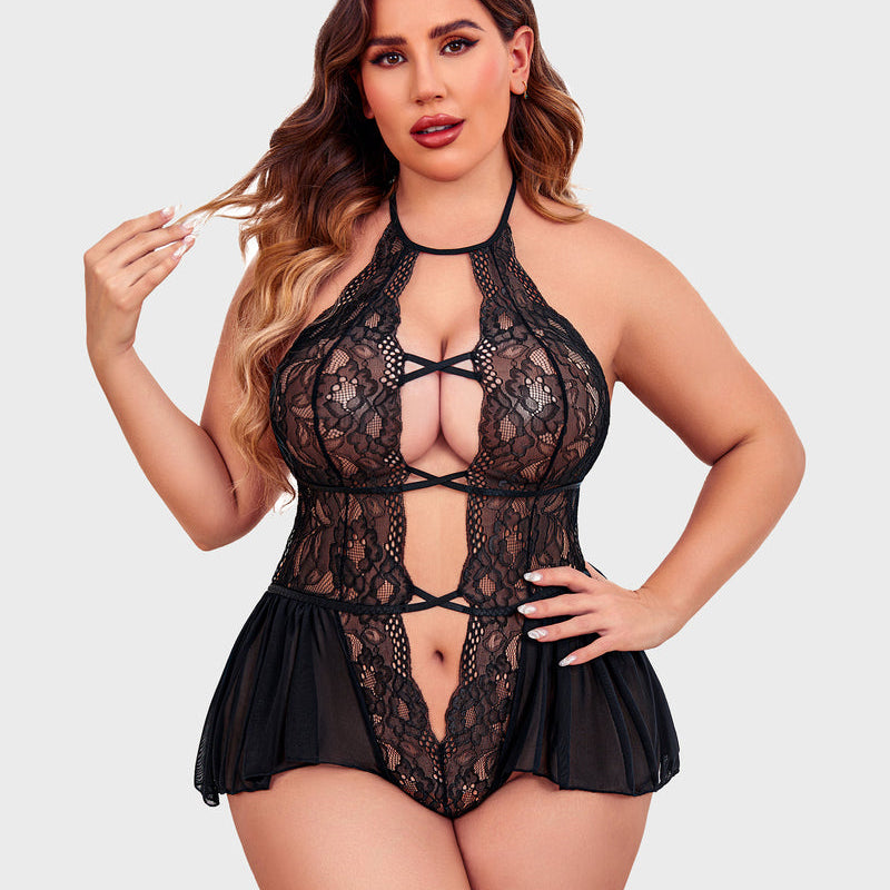 Black lace plus size teddy bodysuit with deep V-neck and halter straps