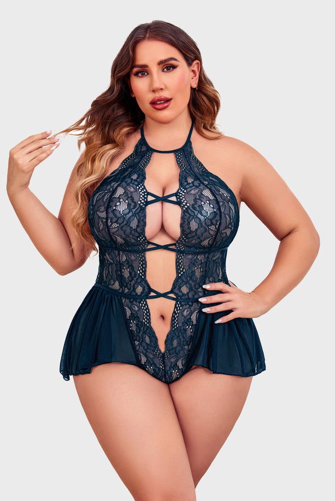Plus size teal lace teddy bodysuit with halter neck, deep V-neck, flattering design