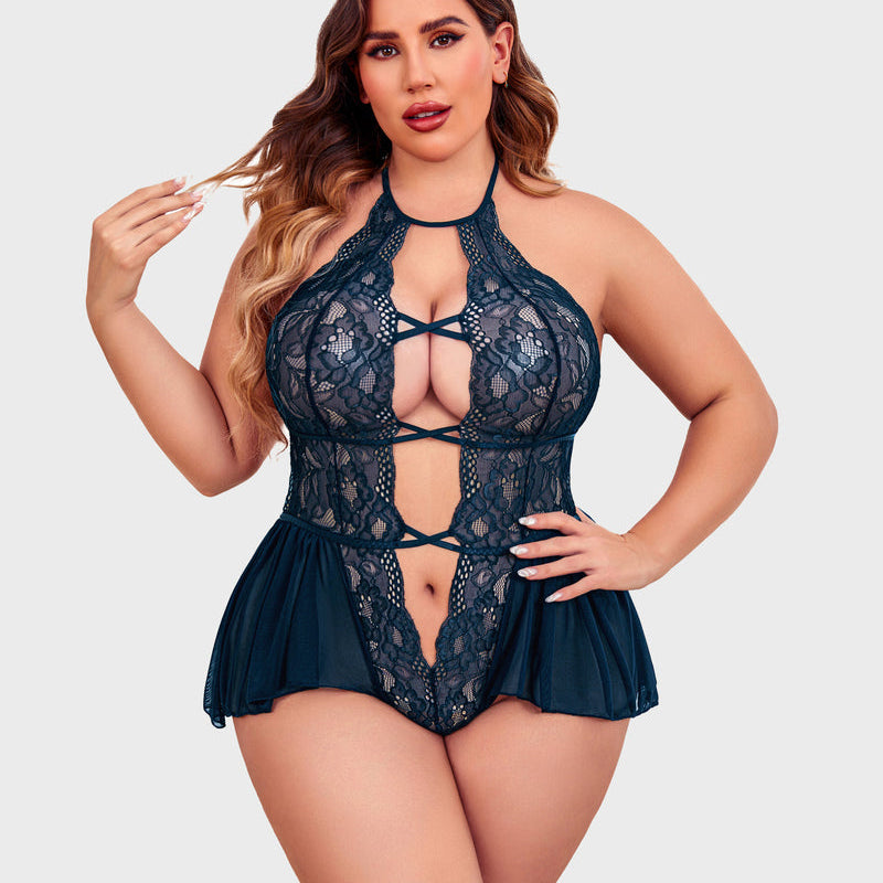 Plus size teal lace teddy bodysuit with halter neck, deep V-neck, flattering design