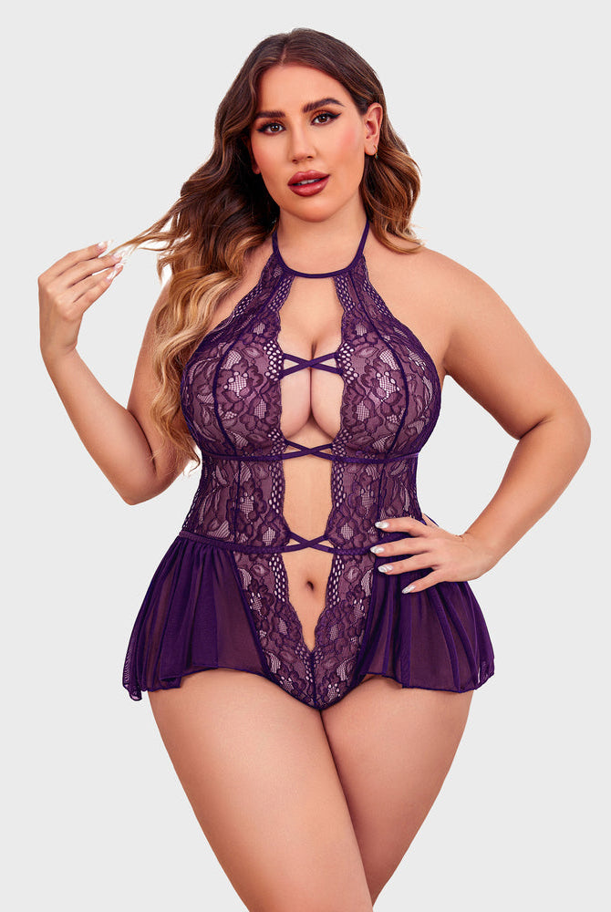 Purple lace plus size teddy bodysuit with halter neck, deep V-neck, flattering skirt design.