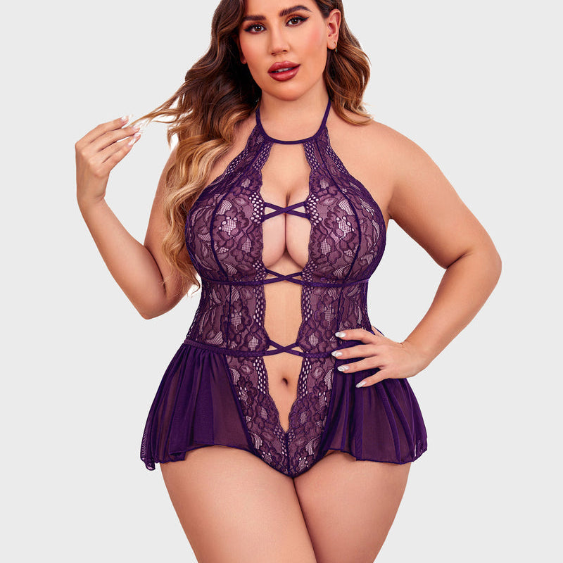 Purple lace plus size teddy bodysuit with halter neck, deep V-neck, flattering skirt design.