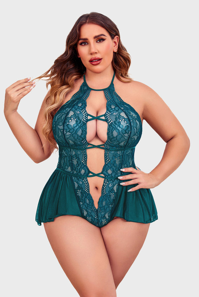 Teal lace plus size teddy bodysuit with halter neck, deep V-neck, and flattering skirt-style bottom