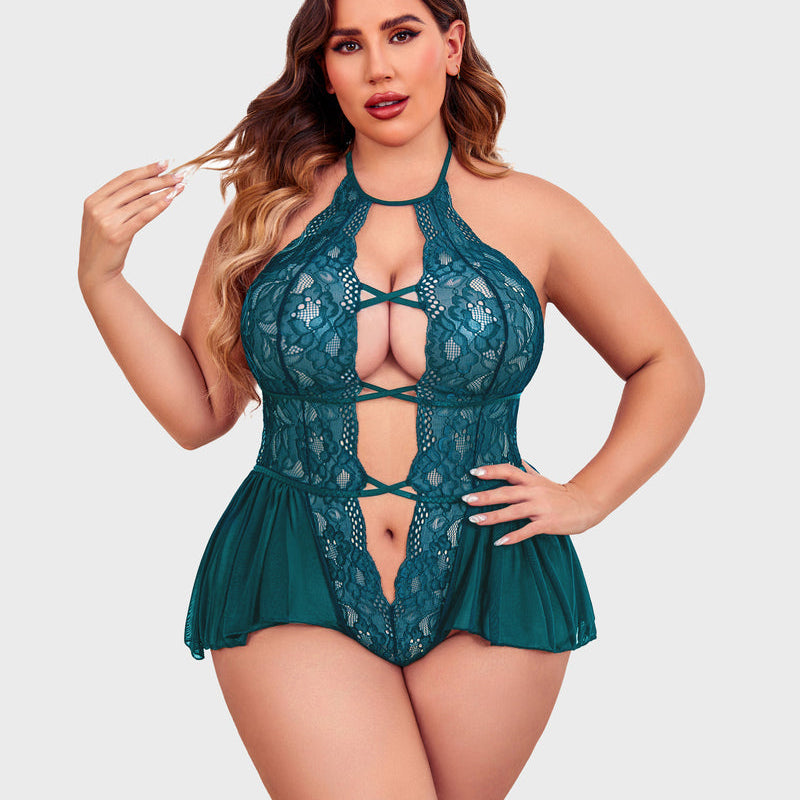 Teal lace plus size teddy bodysuit with halter neck, deep V-neck, and flattering skirt-style bottom