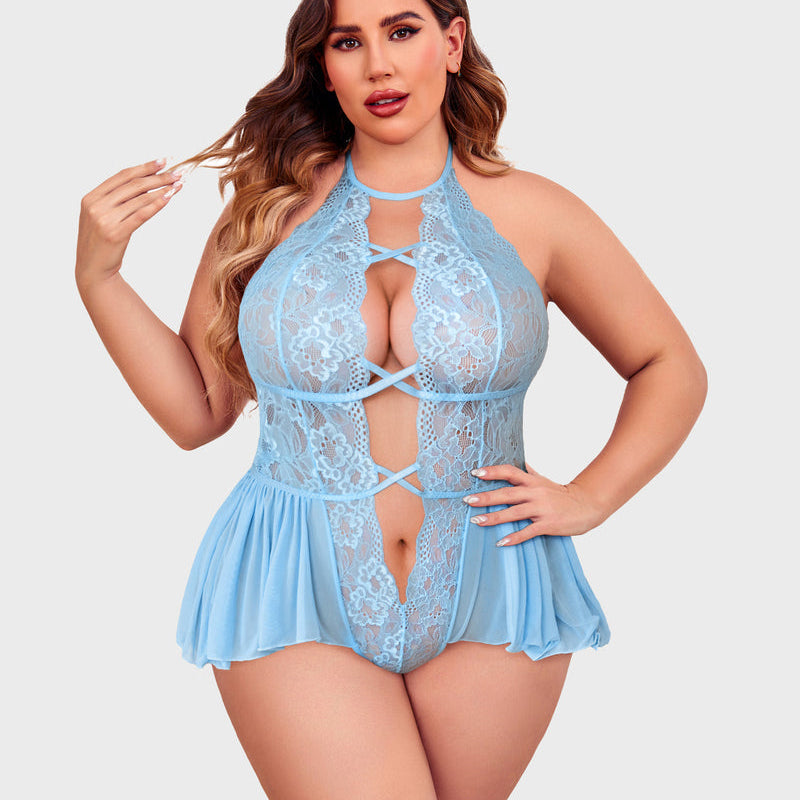 Light blue plus size lace teddy bodysuit with halter neck, deep V-neck, flattering design
