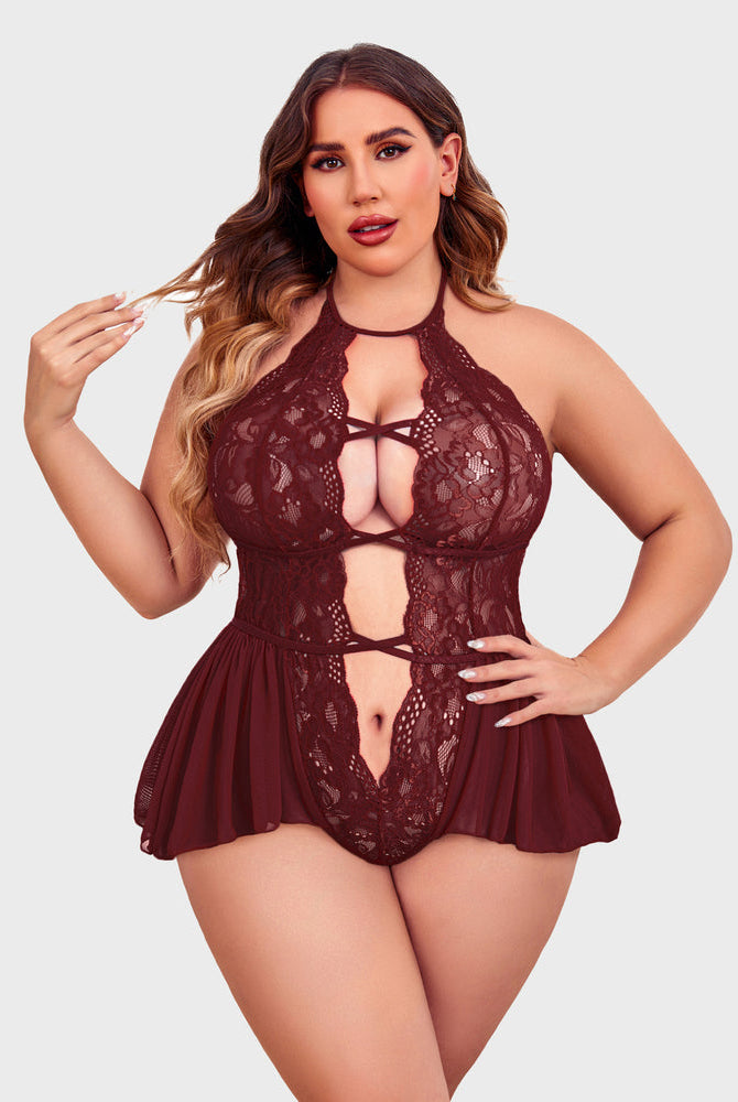 Plus size burgundy lace teddy bodysuit with halter neck, deep V-neck, and skirt-style bottom.