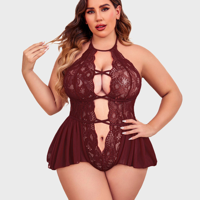Plus size burgundy lace teddy bodysuit with halter neck, deep V-neck, and skirt-style bottom.