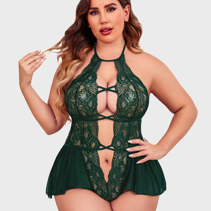 Green lace plus size teddy bodysuit, halter neck, deep V-neck, flattering skirt. Sexy lingerie.