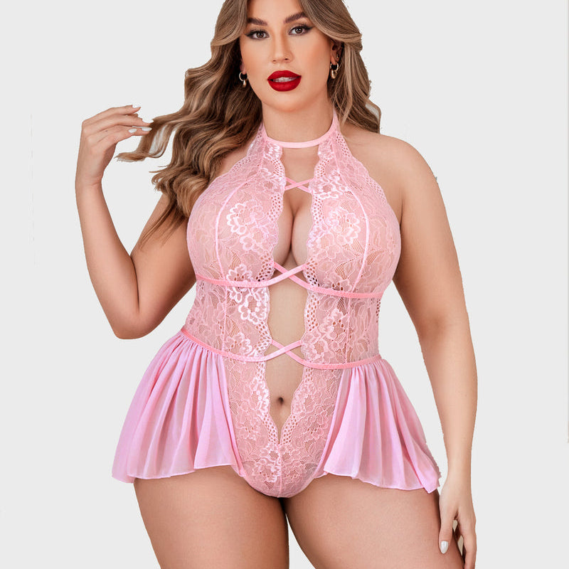 Plus size pink lace teddy bodysuit with halter neck and skirt-style bottom, sexy and flattering