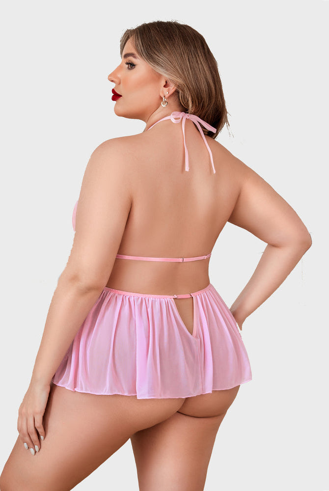 Plus size pink halter lingerie set with skirt, designed for a flattering and sensual look.
