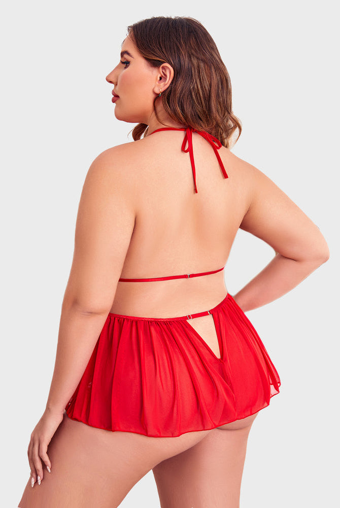 Red plus size teddy bodysuit with halter neck and skirt-style bottom, sexy and flattering lingerie