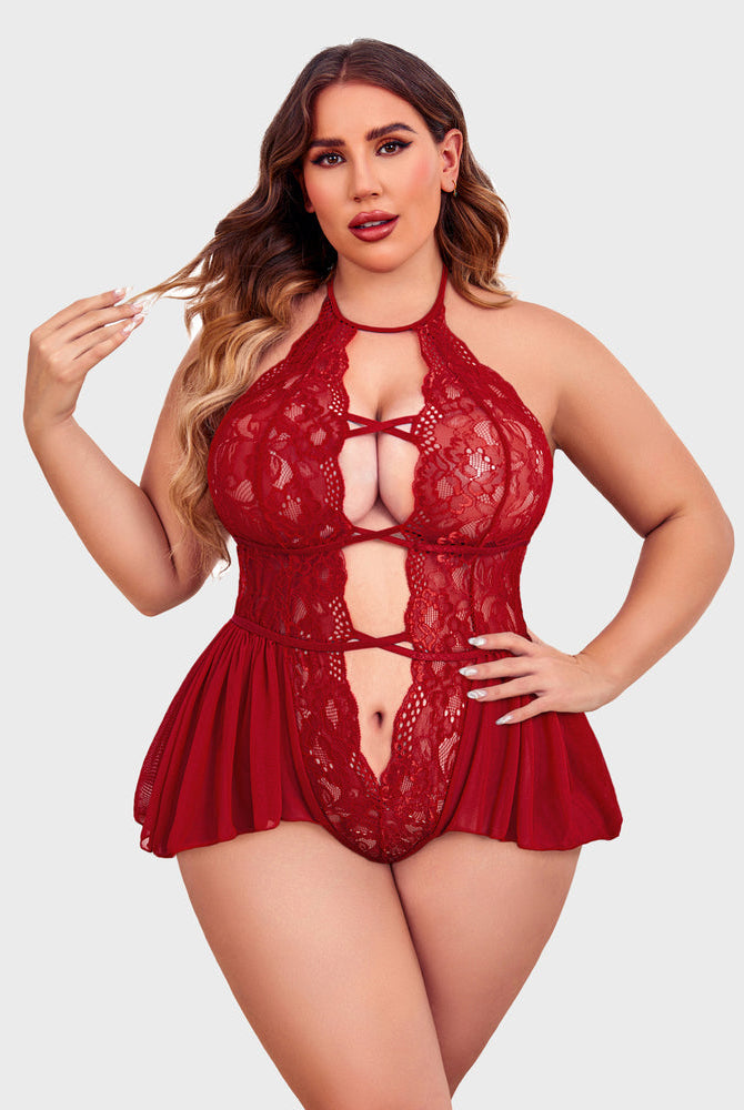 Red lace plus size teddy bodysuit, halter neck, deep V-neck and flattering skirt-style bottom