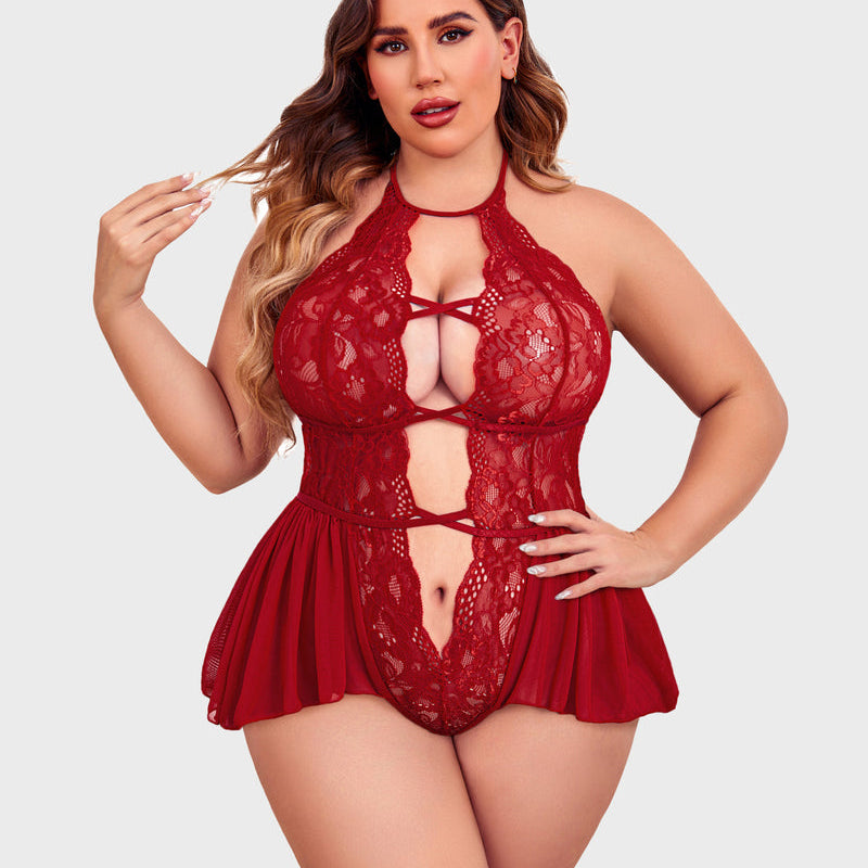 Red lace plus size teddy bodysuit, halter neck, deep V-neck and flattering skirt-style bottom