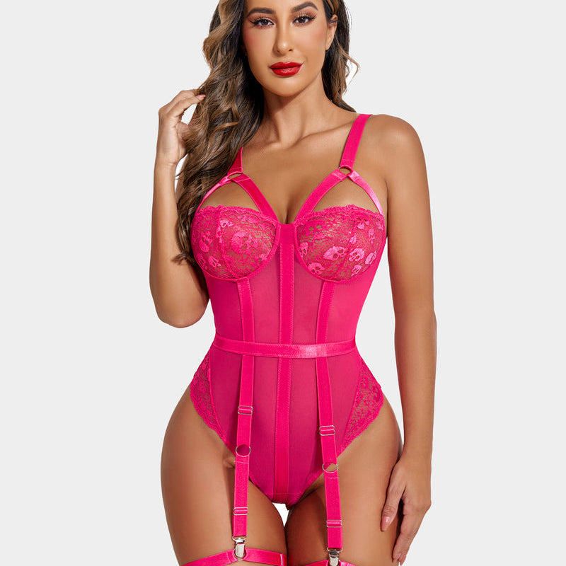 Pink Avidlove lace bodysuit with skull pattern, garter belt, cutout, underwire. Sexy lingerie.