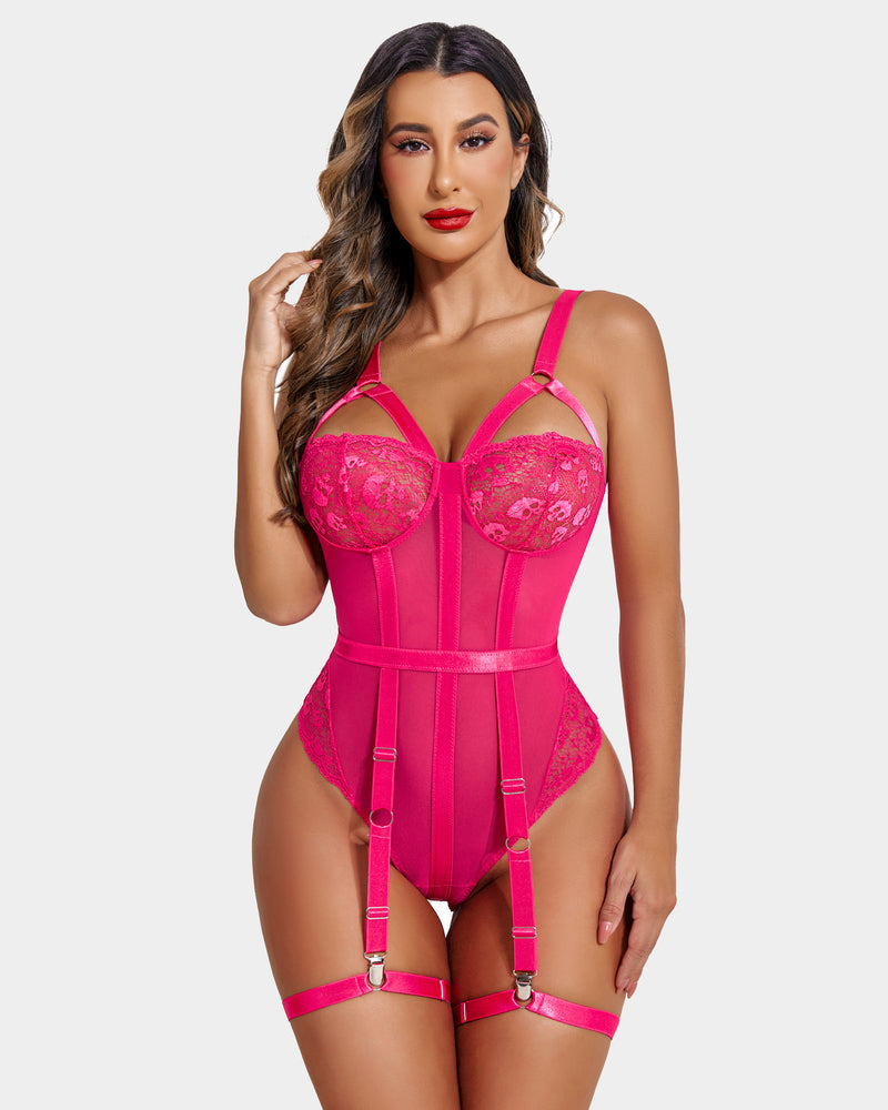 Pink Avidlove lace bodysuit with skull pattern, garter belt, cutout, underwire. Sexy lingerie.