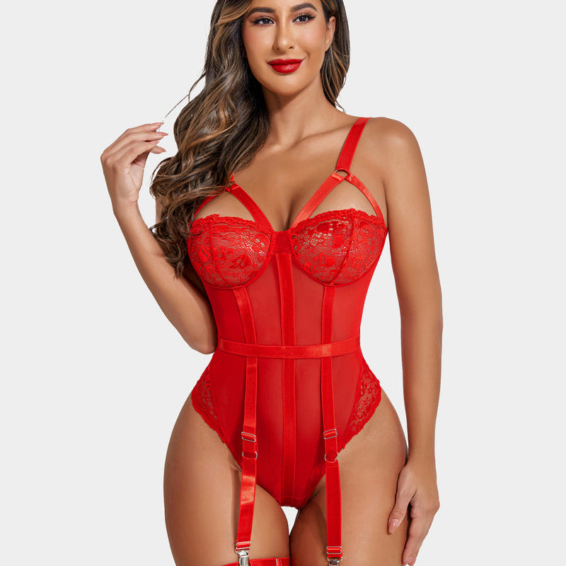 Red lace bodysuit with garter belt, cross straps, cutout design and scalloped trim. Sexy lingerie.