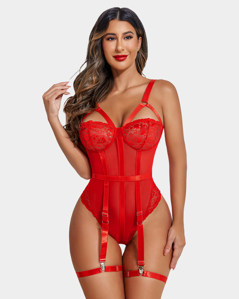 Red lace bodysuit with garter belt, cross straps, cutout design and scalloped trim. Sexy lingerie.