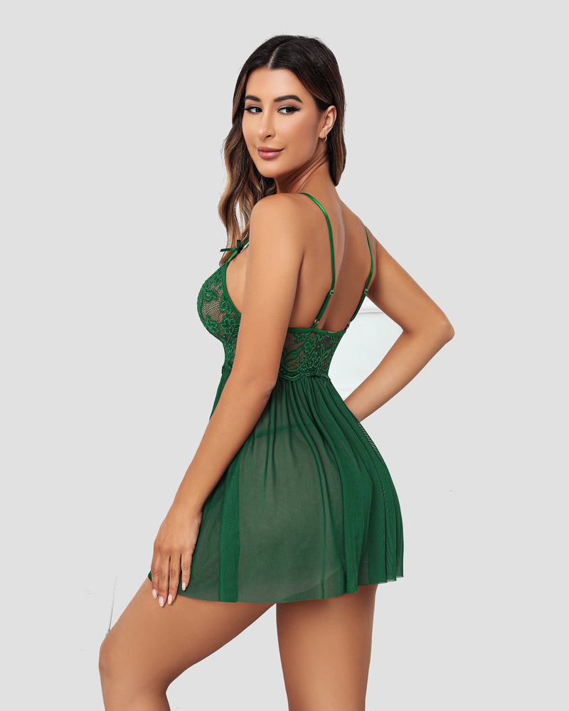 Avidlove green V-neck nighty with lace details and mesh skirt, side slit, for confident women