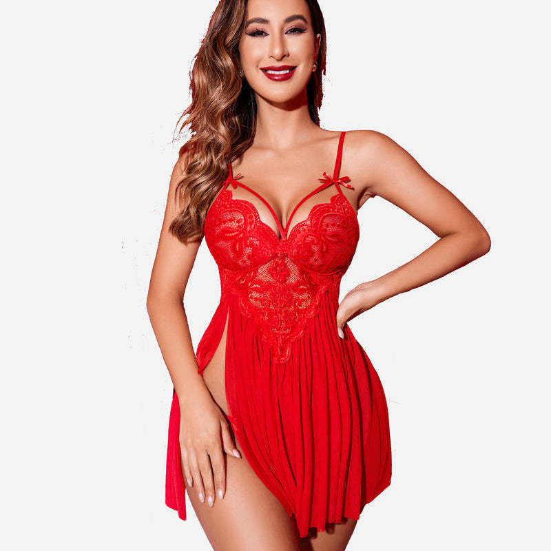 Red V-Neck Mesh Nighty with Lace Details, Side Slit, and Adjustable Straps - Avidlove Lingerie