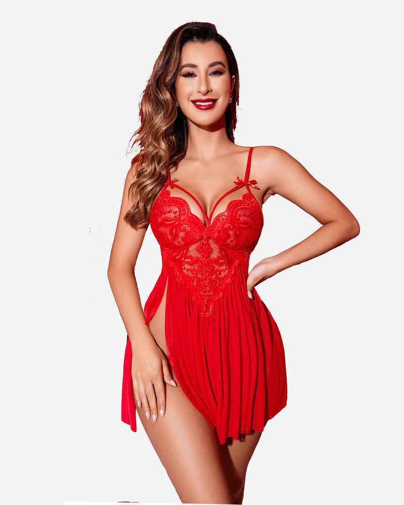 Red lace babydoll lingerie with side slit, adjustable straps, and V-neck by Avidlove