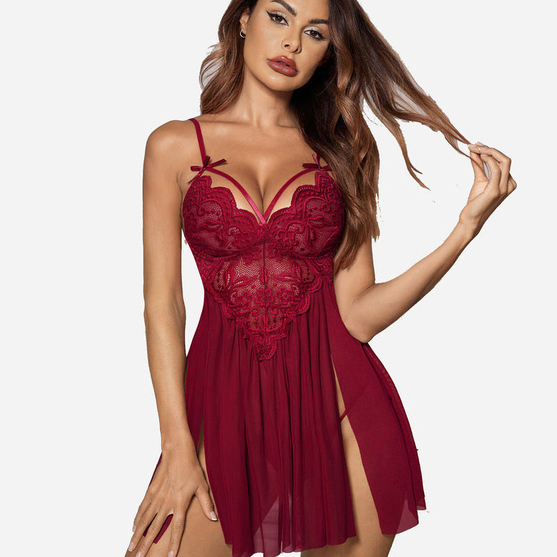 Burgundy V-neck nighty with lace detailing, adjustable straps and side slit - Avidlove lingerie