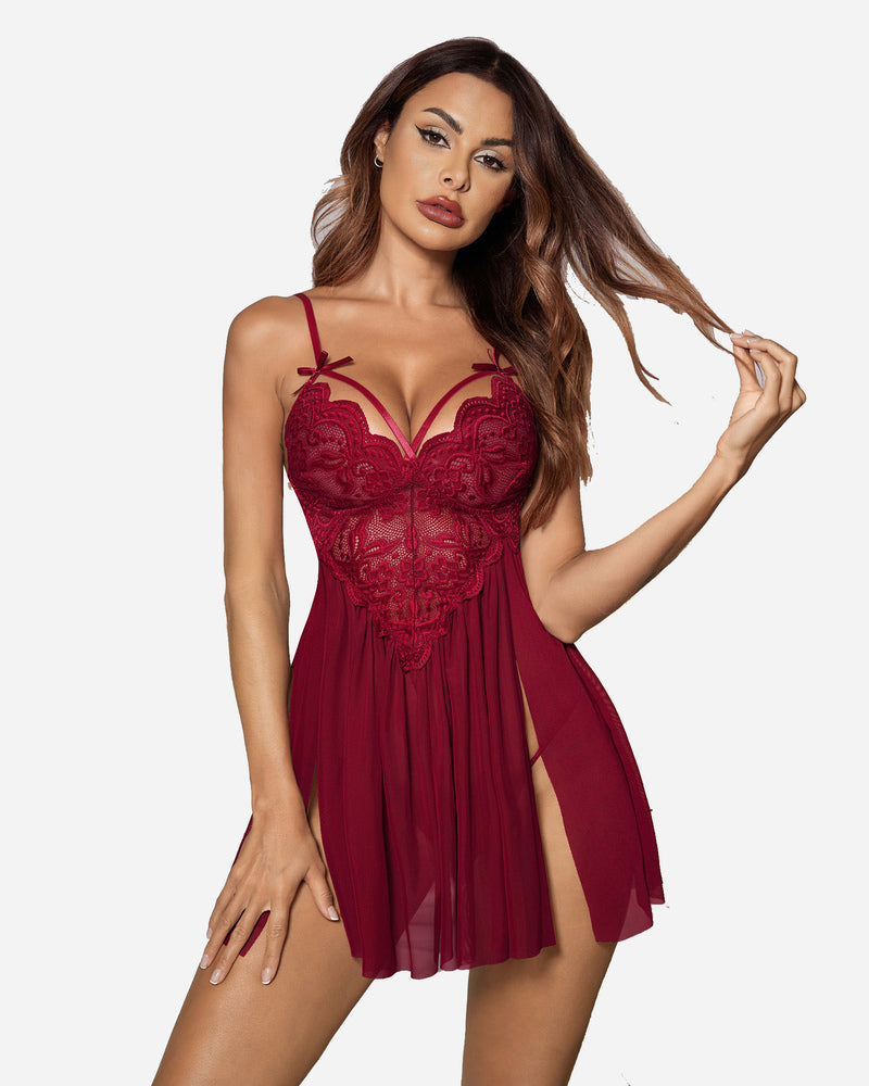Burgundy V-neck nighty with lace detailing, adjustable straps and side slit - Avidlove lingerie