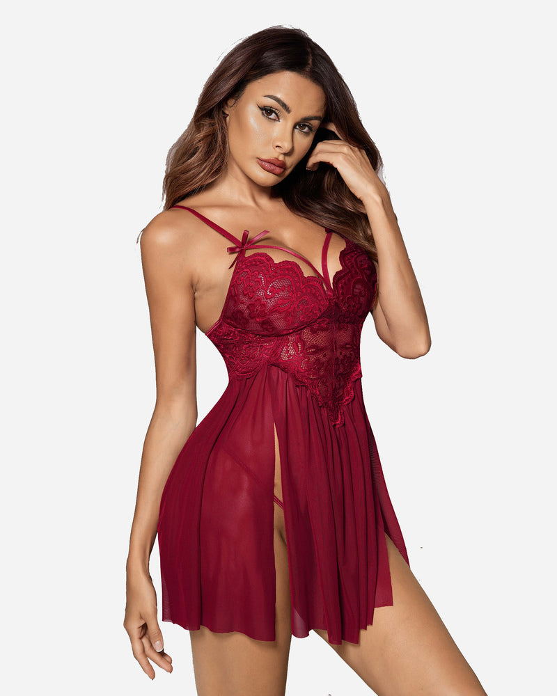 Burgundy V-neck nighty with lace detail, side slit. Avidlove lingerie, adjustable straps.