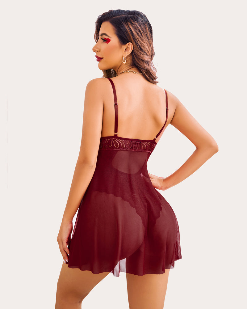 Burgundy babydoll teddy lingerie with lace bust, adjustable straps and sheer skirt overlay.