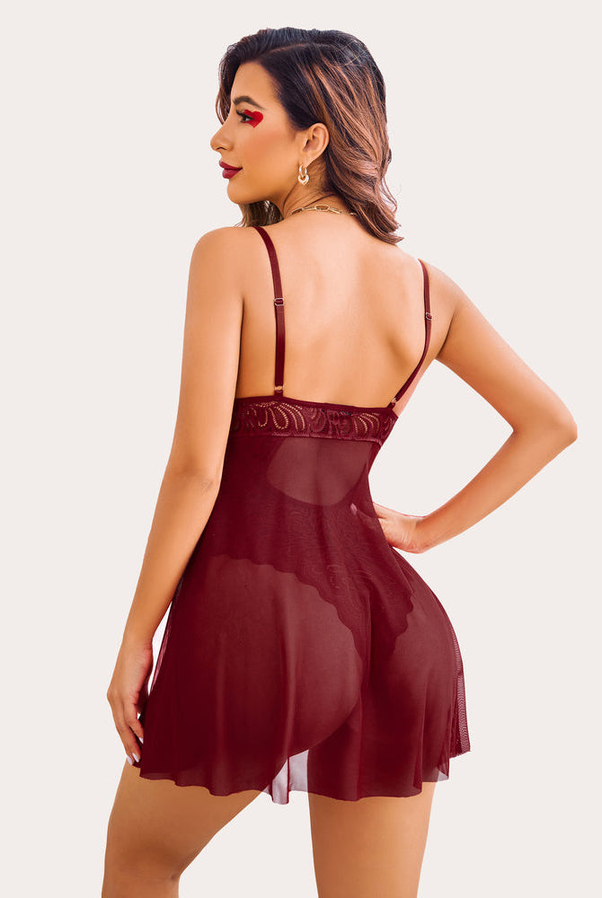 Burgundy lace teddy babydoll, adjustable straps, floral lace details, elegant design, sheer fabric