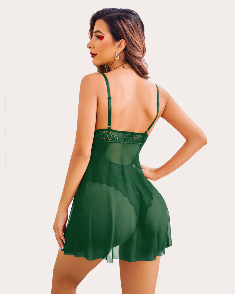 Green lace babydoll lingerie with adjustable straps and snap crotch, elegant and sexy design