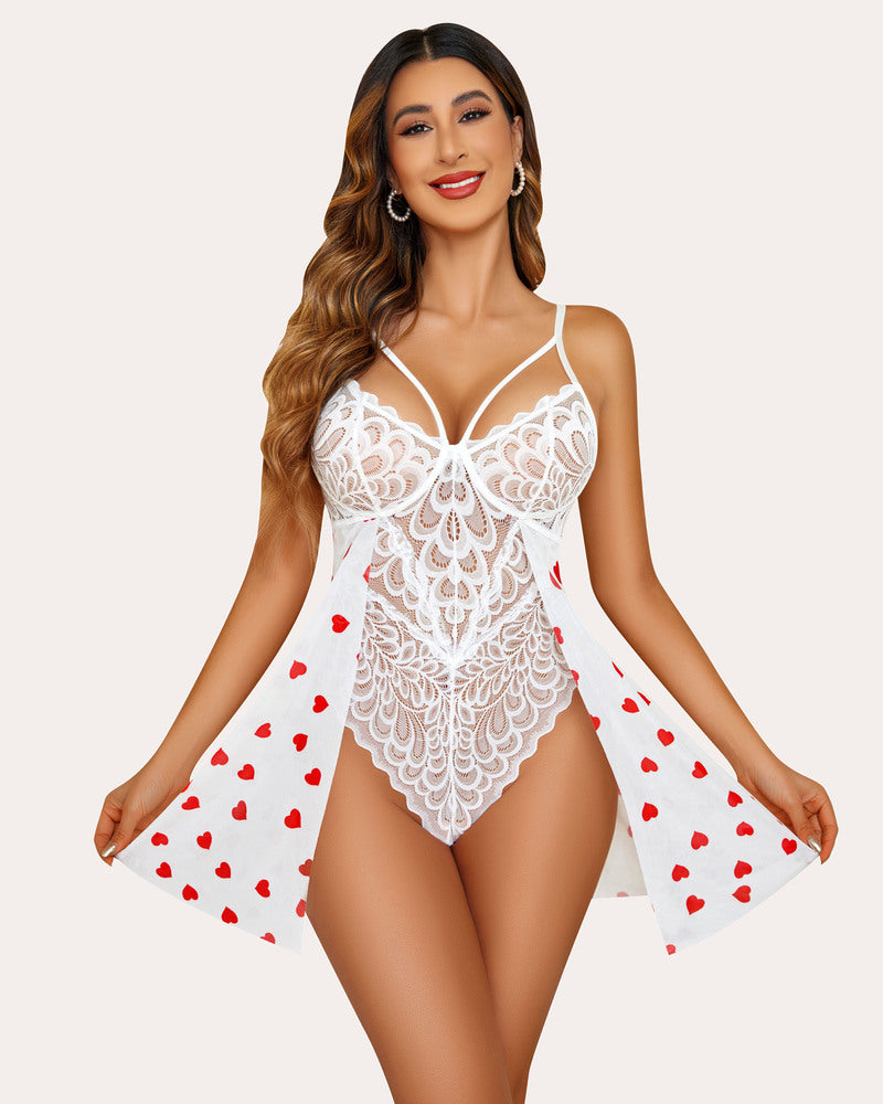 White floral lace teddy babydoll with red heart pattern; sexy snap crotch lingerie